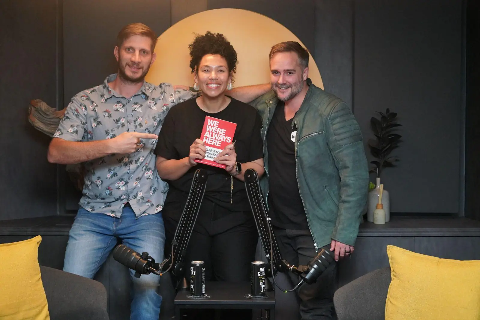 Luke Holden, Dr. Candice Bailey holding We Were Always Here, and Jon Oliff in the Tim Africa podcast studio