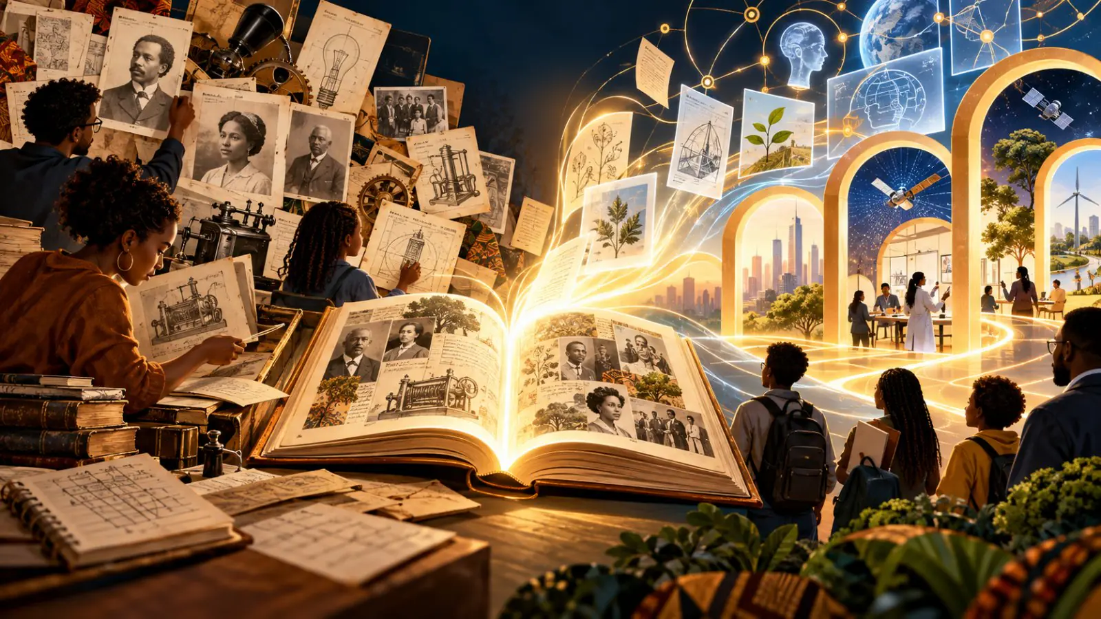 An illustration of archival photographs of Black inventors flowing from an open book towards students and modern innovation