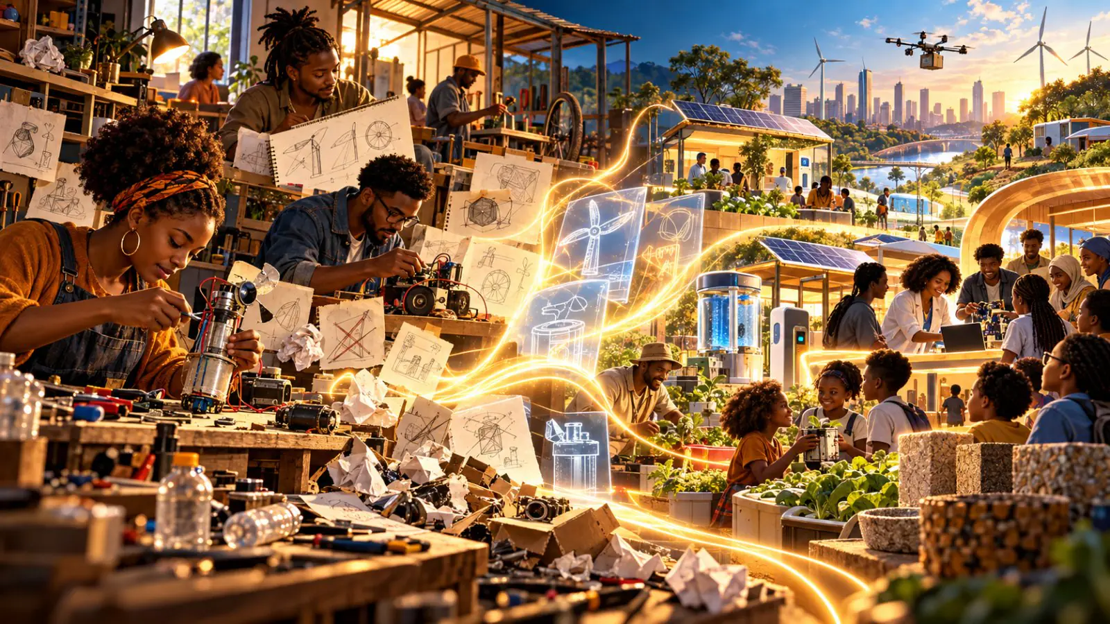 An illustration of people building inventions in a community workshop alongside solar panels, gardens and a city skyline