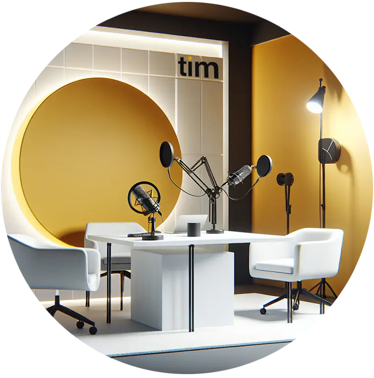 Tim Africa podcast studio with microphones and a gold circular backdrop