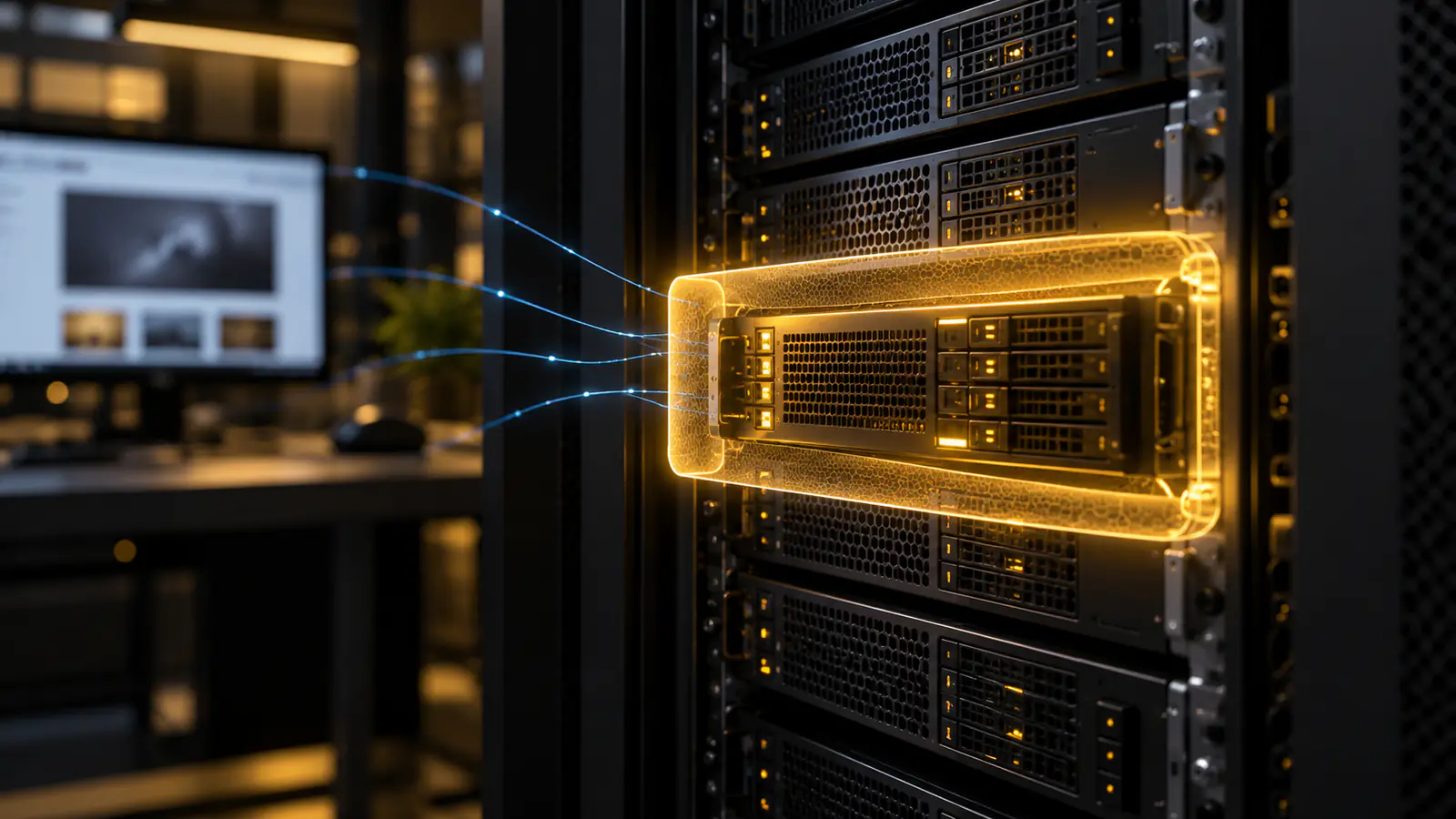 A server rack lit in gold under a digital shield