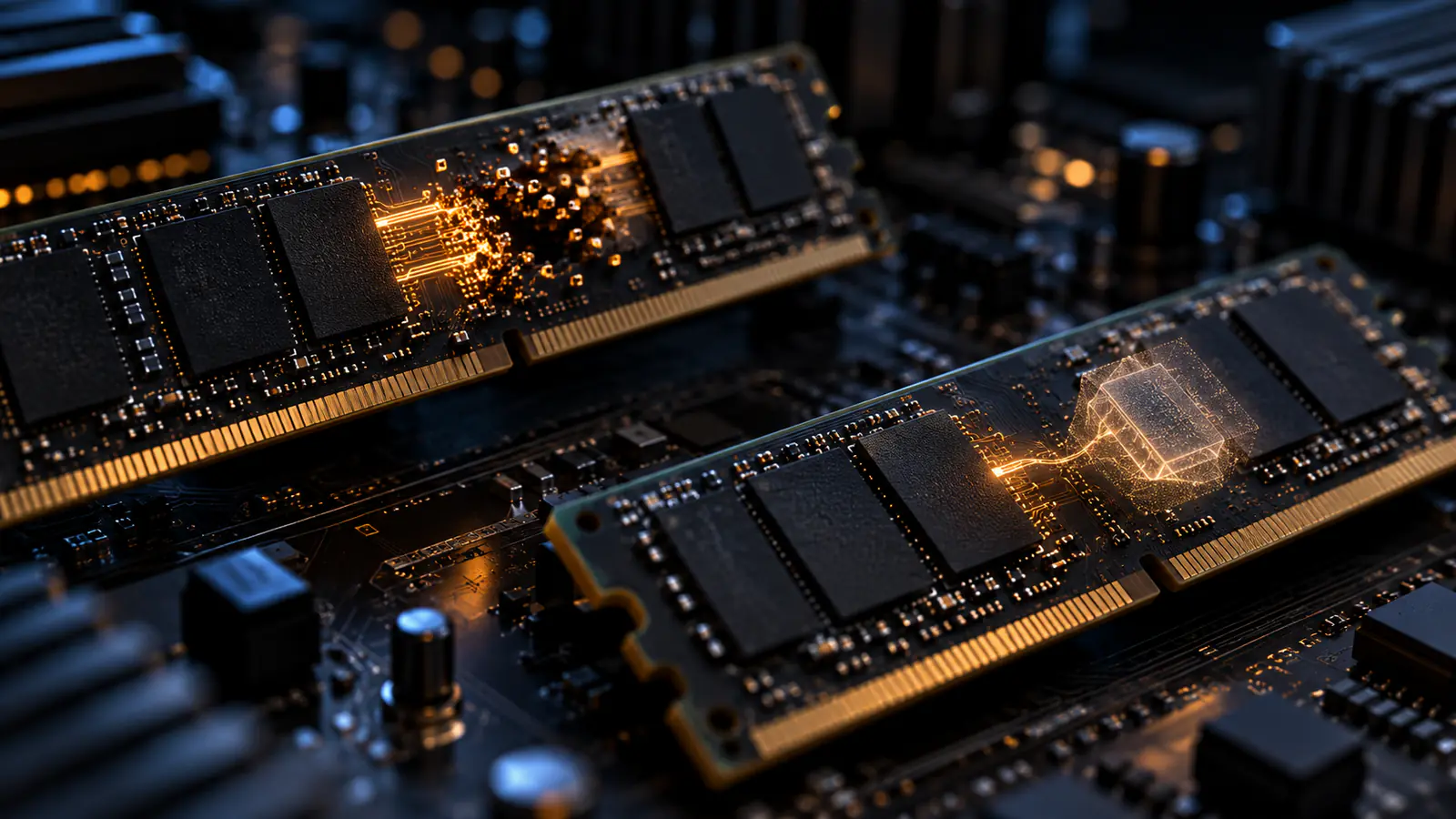 Two glowing faults on a memory board