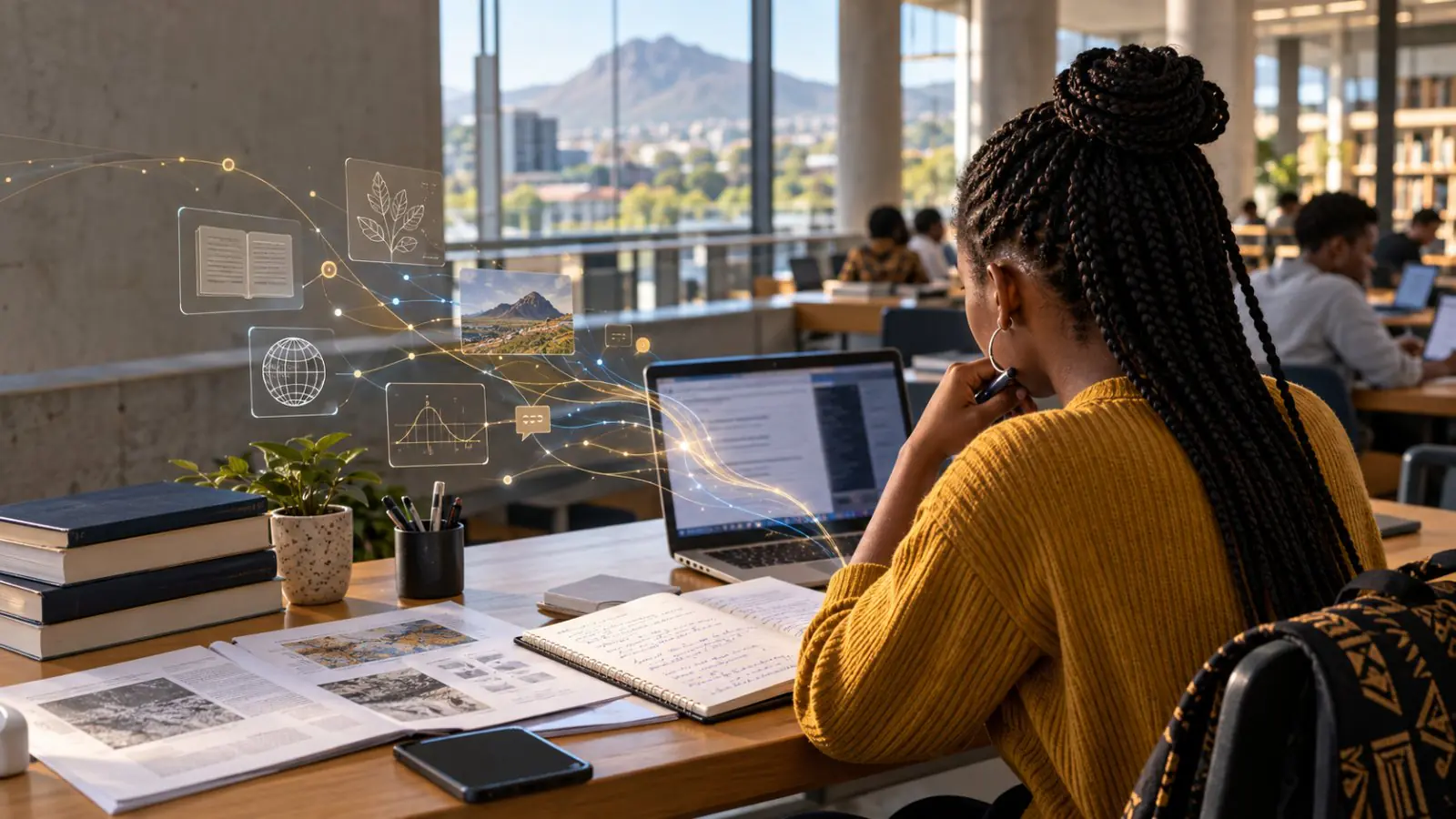A student studying at a laptop in a university library with AI learning visuals