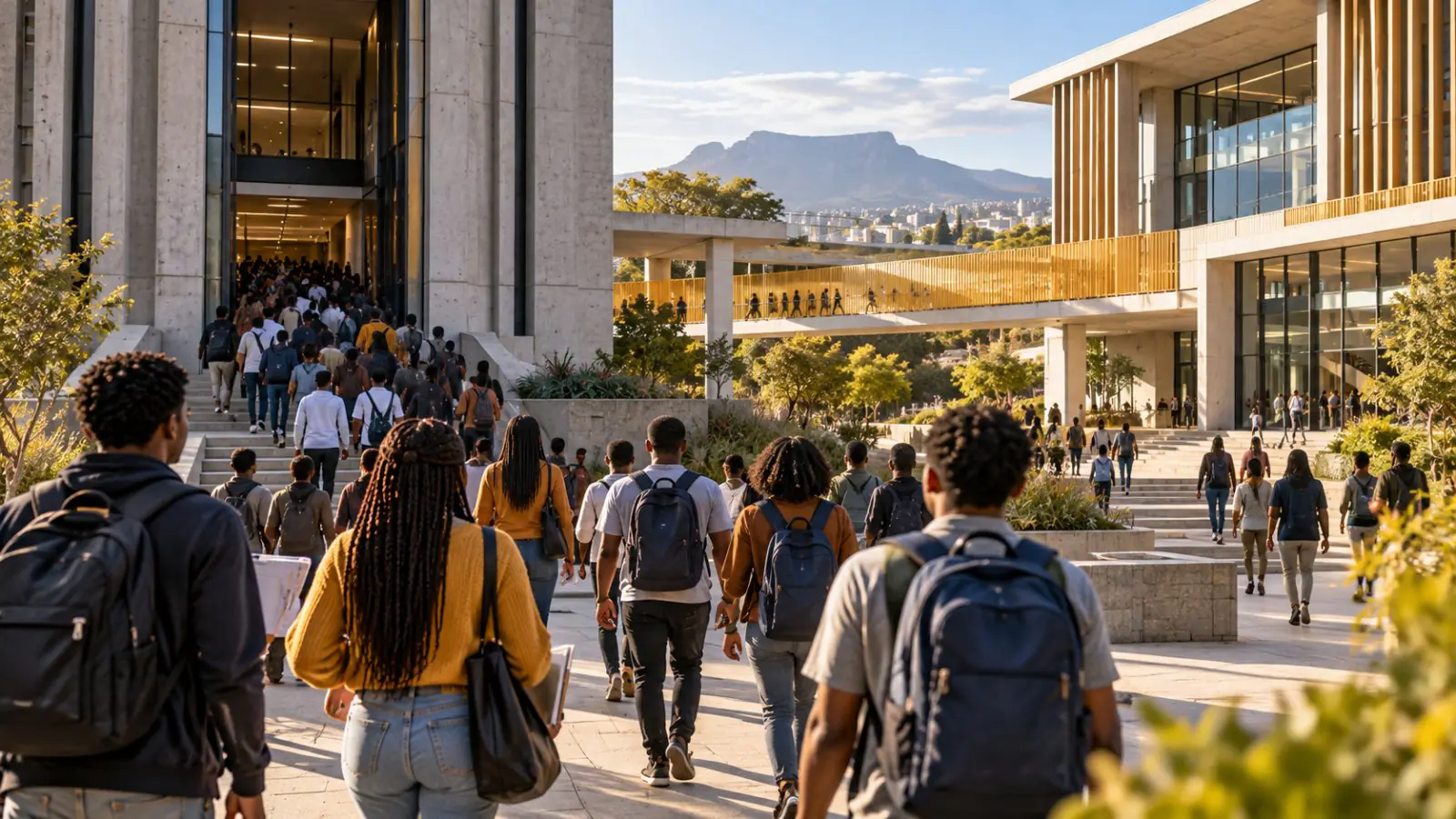 Students walking across a university campus with a mountain in the background