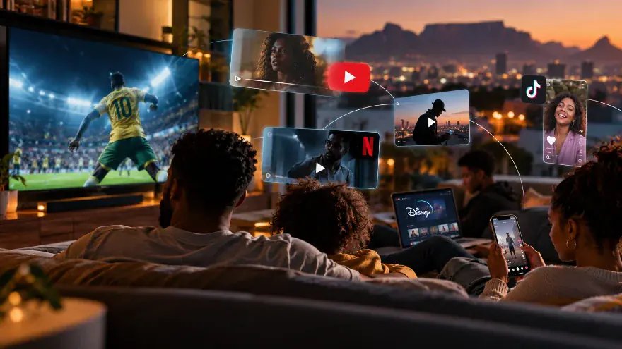 A family watching football on a large television while others stream on a laptop and phones, a city skyline behind them