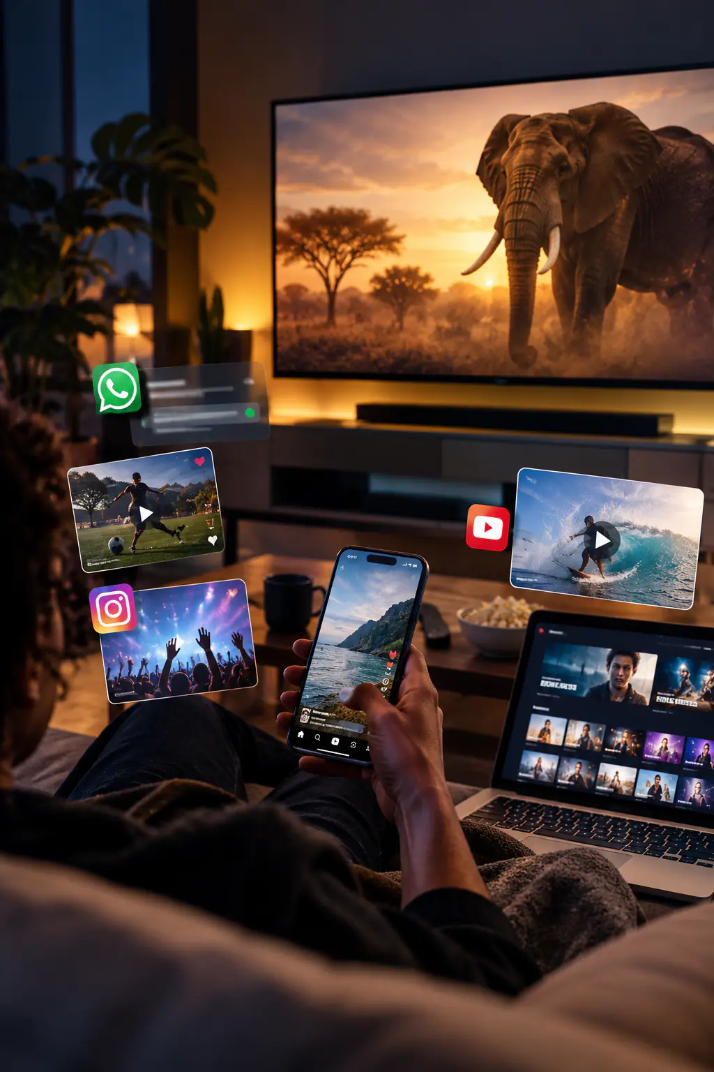 A cosy night in with streaming on the television alongside a phone and tablet